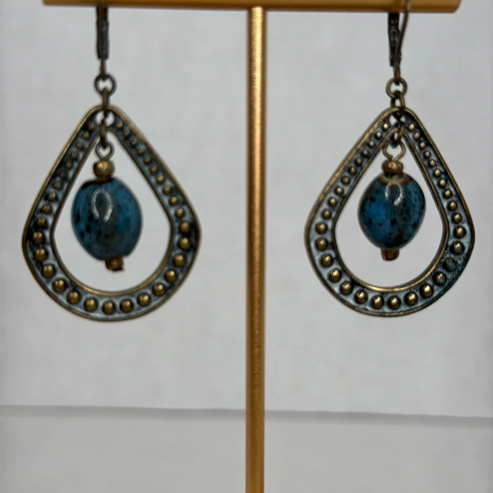Premier Design Blue Ceramic Bead Brass Tone Dangle lot E9